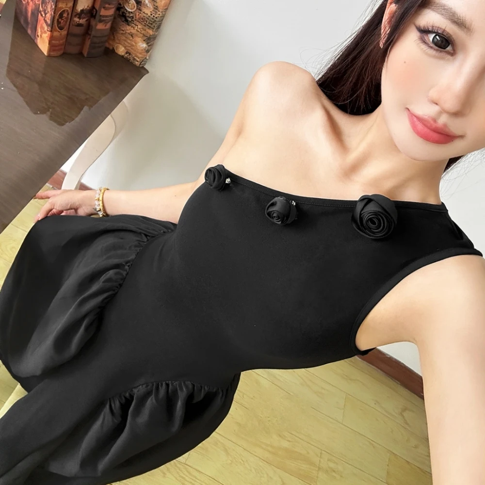 SylCue 3d Flower Decoration Long Dress Women Irregular Skew Collar Backless Sleeveless Prom Party Elegant A-Line Solid Vestidos