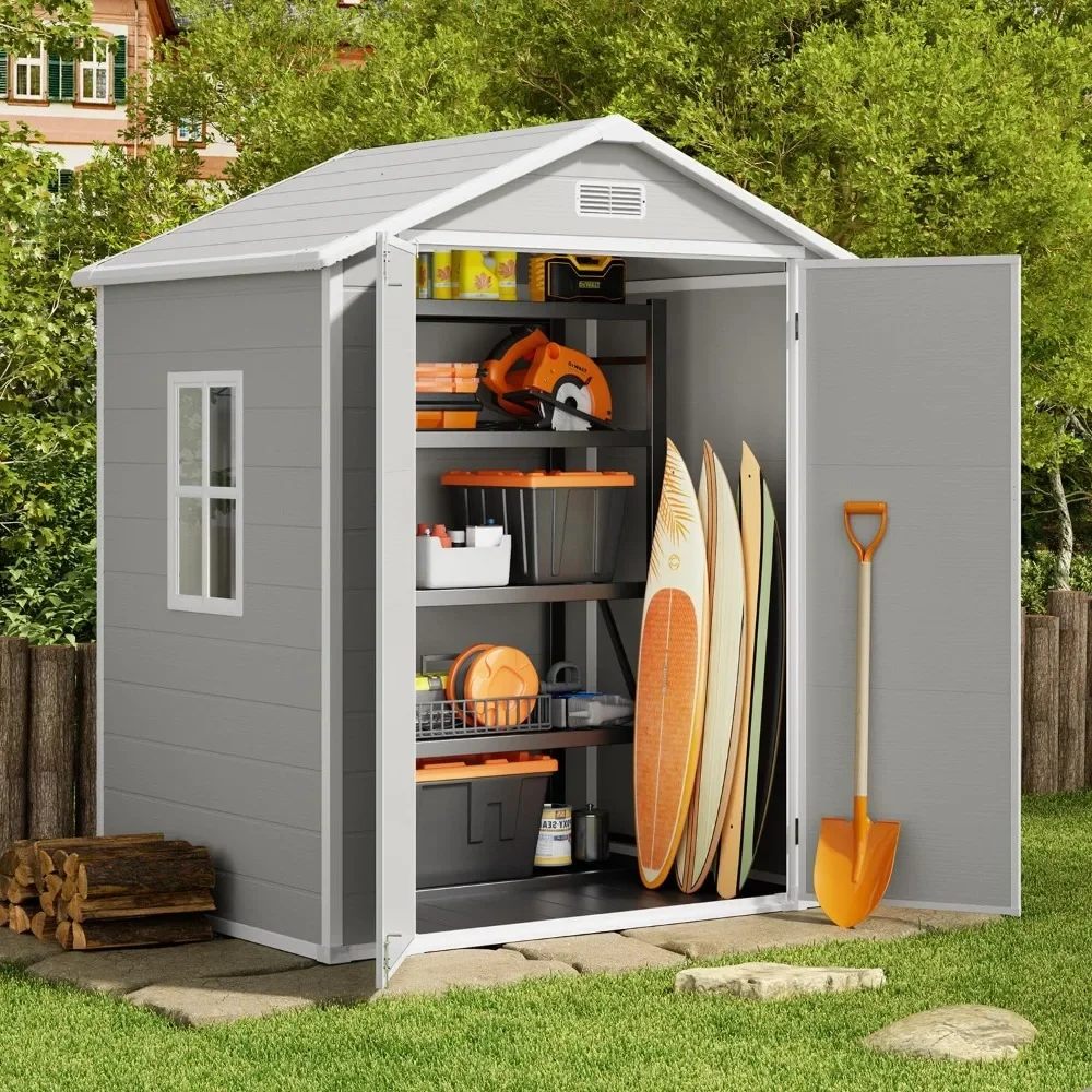 

6x4 FT Resin Shed with Floor, Plastic Garden Tool Sheds with Lockable Door for Patio Backyard Lawn Pool, Gray