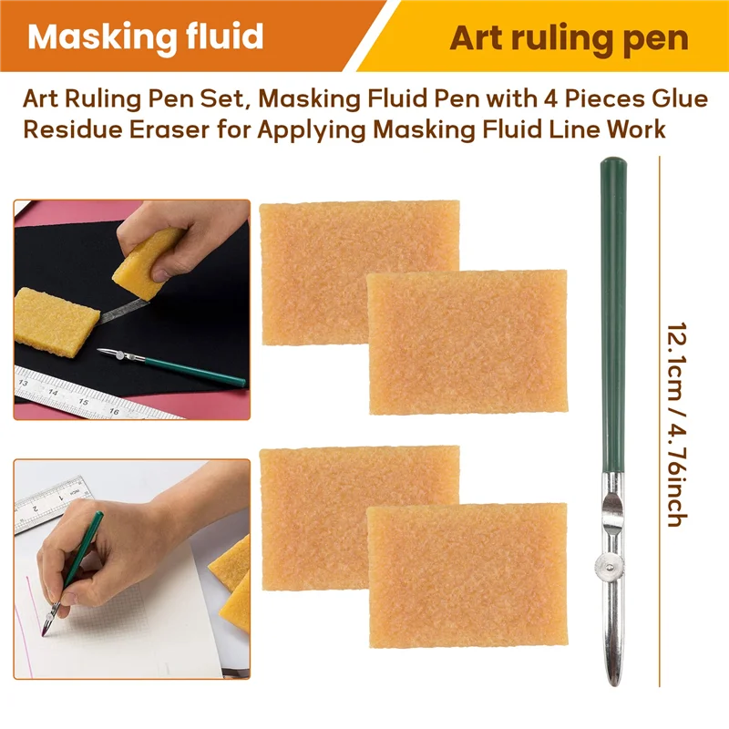 Art Ruling Pen Set, Masking Fluid Pen With 4 Pieces Glue Residue Eraser For Applying Masking Fluid Line Work