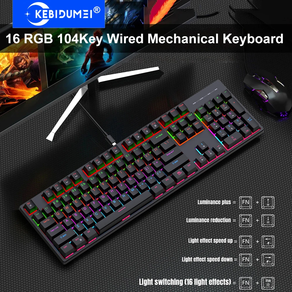 16 RGB Wired Mechanical Keyboard 104 Keys Gaming Keyboard Esports Keyboard Hot-Swappable Ergonomic Keyboard for Laptop Macbook