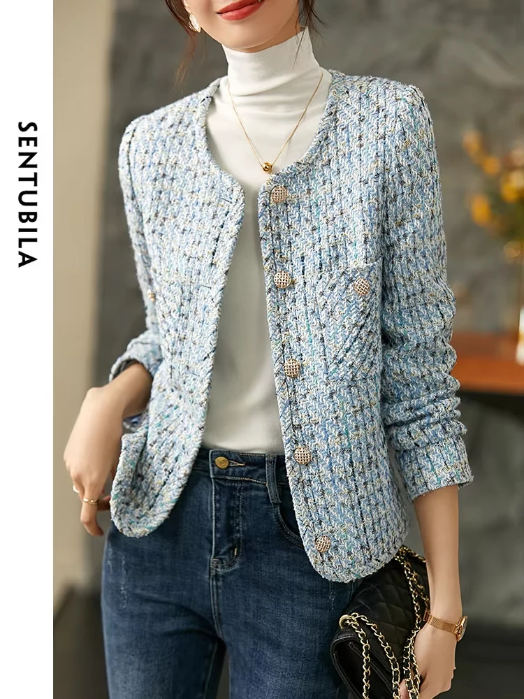 

SENTUBILA Cropped Tweed Jacket for Women 2024 Autumn Elegant Fashion Outerwear O-Neck Short Coats Womans Clothing 143W56772X