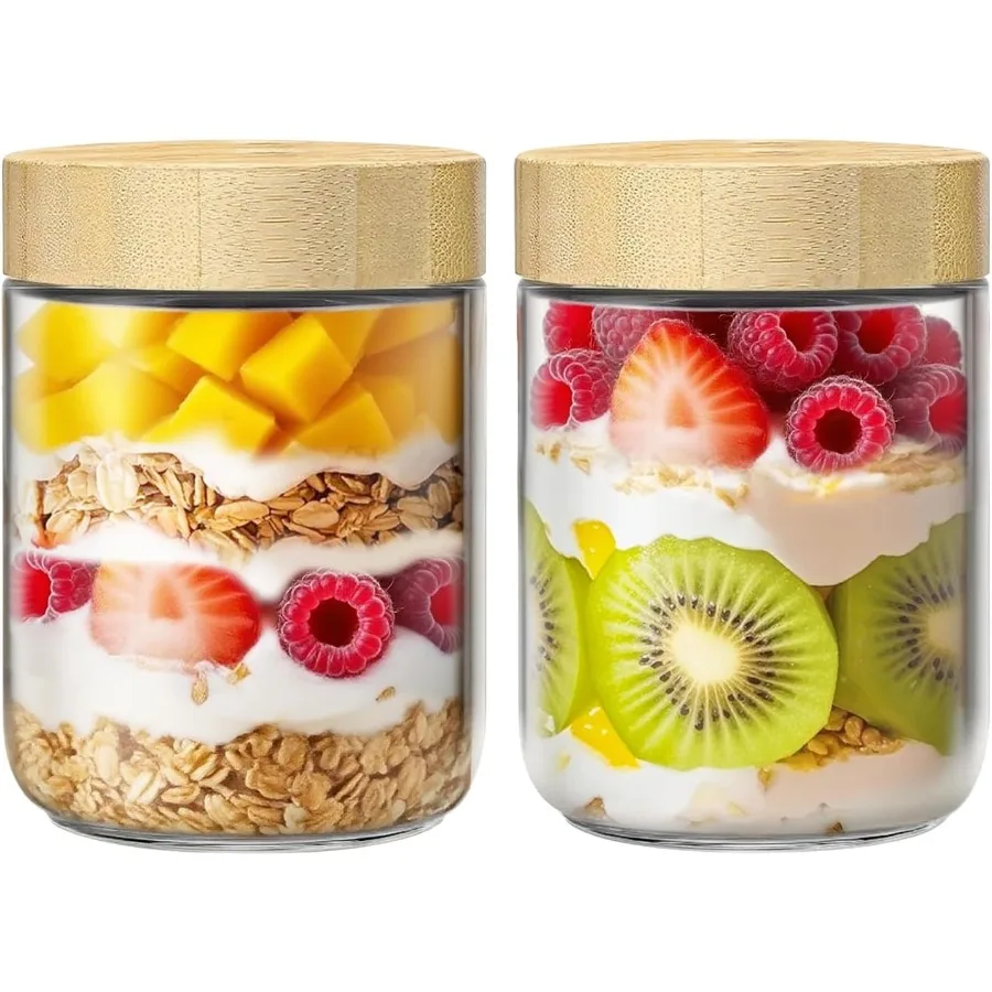 

2 упаковки стеклянных банок емкостью 16 унций с бамбуковыми крышками. Контейнеры для овсяных ночей с герметичными крышками. Контейнеры для хранения. Банки Mason с широким горлышком для