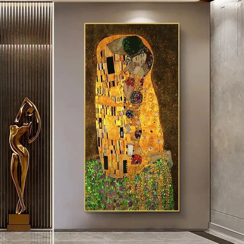 Gustav Klimt Kiss Lover-pintura artística impresa en lienzo, póster de pareja romántica, imagen de pared de artista famoso para decoración para sala de estar