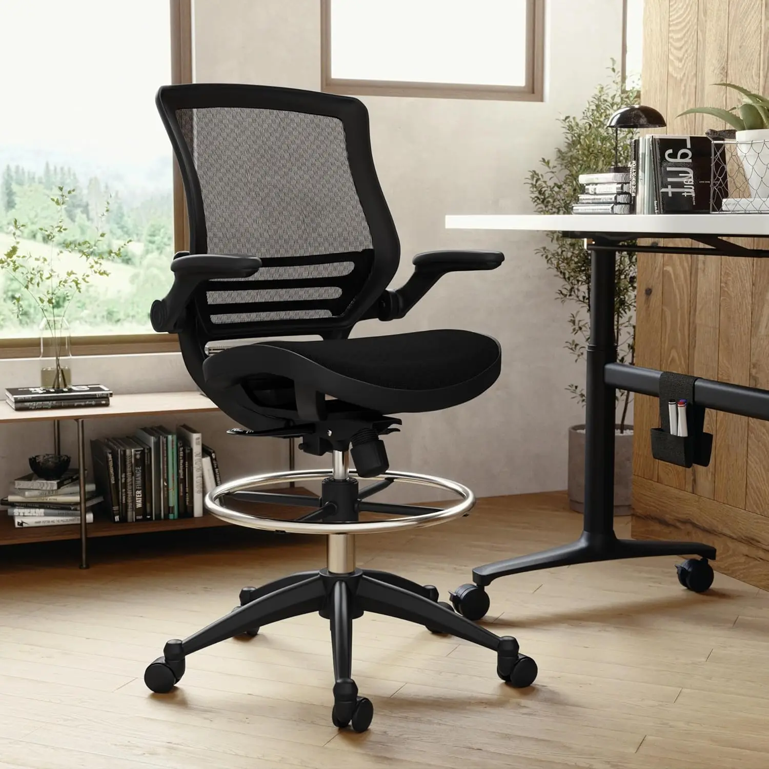 Waylon Mid-Back Swivel Office Chair With Adjustable Foot Ring And Seat Height, Ergonomic Executive Chair With Armrests, Black