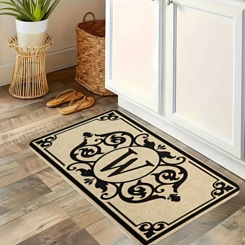 

1PC Ornate Monogram W Pattern Kitchen Rug Non-Slip Door Mat Pop design Bathroom Rug Bath Mat Carpet for Home Sink Laundry Decor