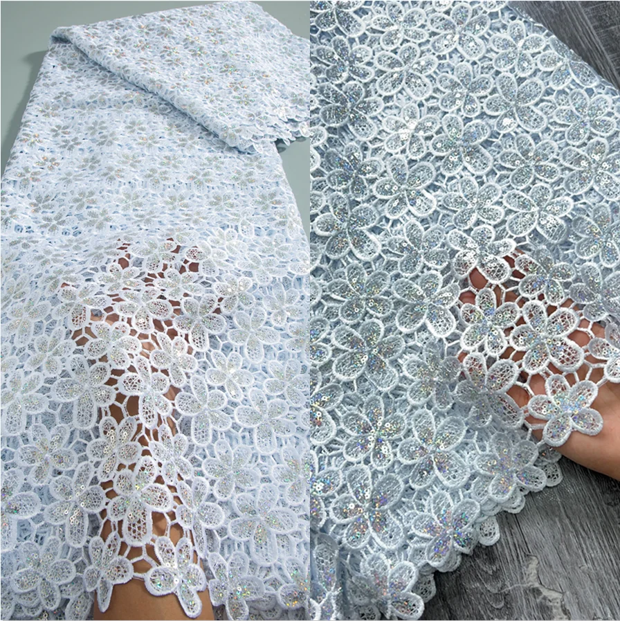 

Pure White African Water Soluble Lace Fabric 2024 High Quality French Sequins Guipure Cord Lace Fabric For Women Wedding Dresses