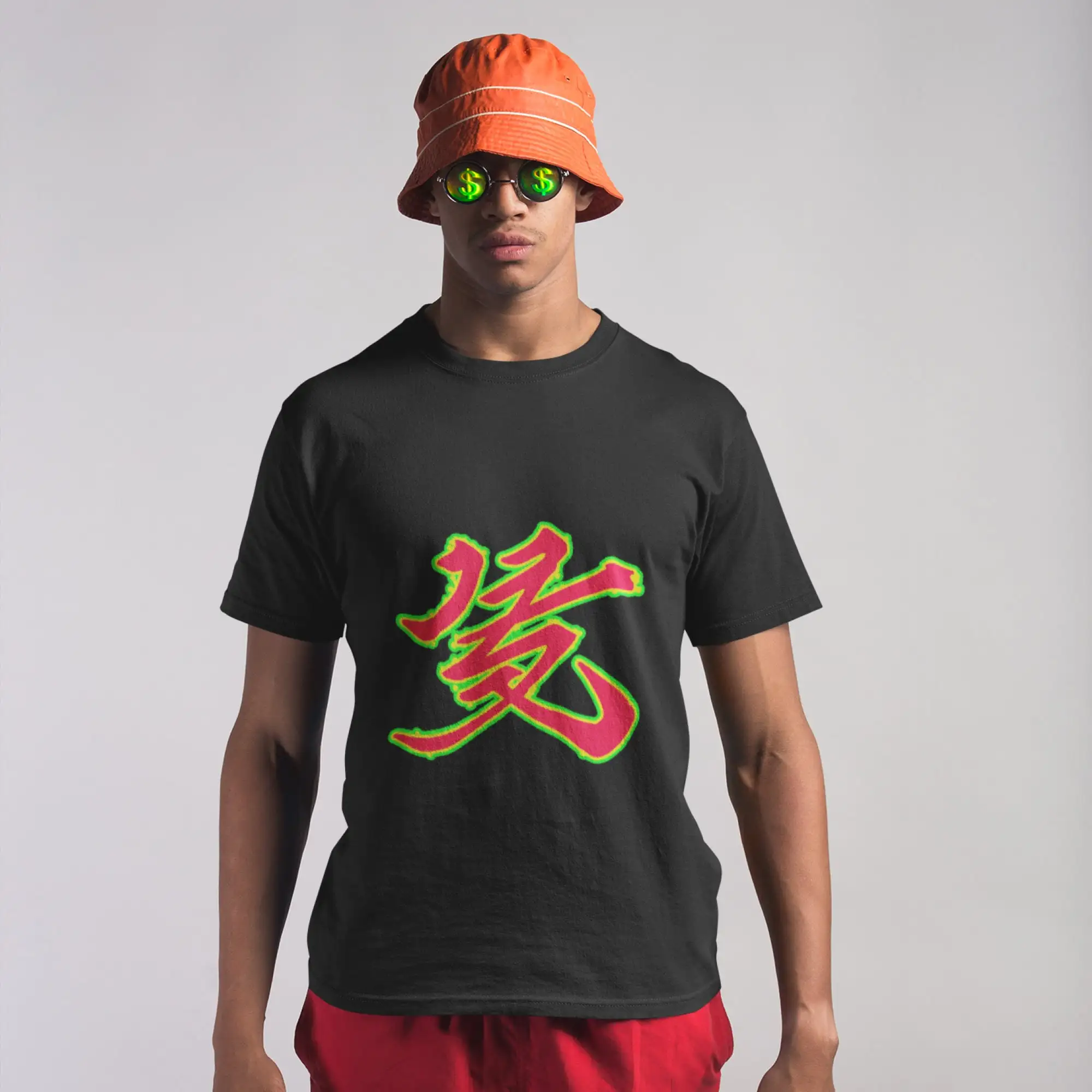 

Футболка с японской каллиграфией, плотный хлопок, кандзи, красный, зеленый, золотой, уличная одежда, эстетический ретро-принт