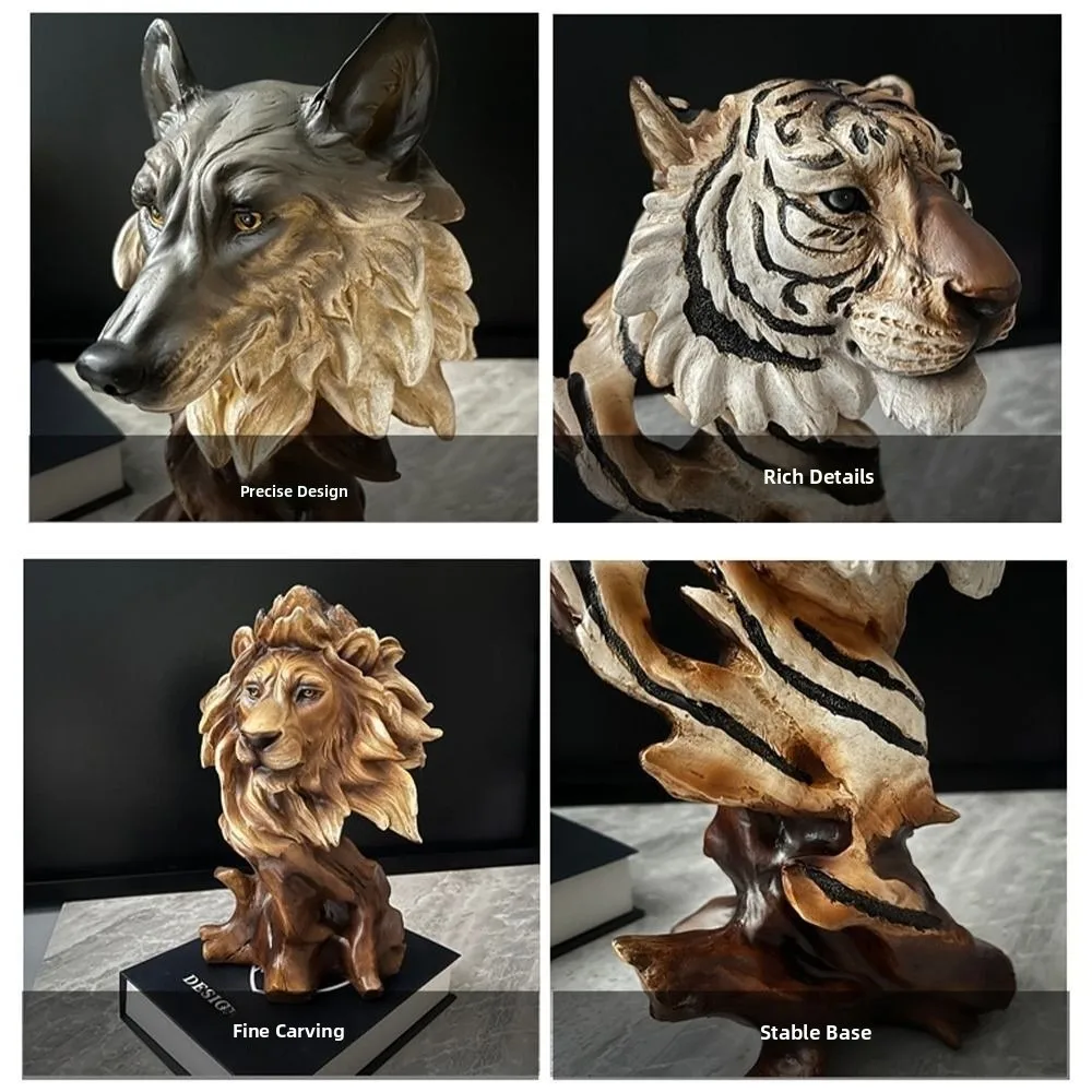 

Desktop Decoration Resin Simulation Animal Statue Retro Vivid Tiger Lion Head Ornament Luxury Miniatures Figurine Sculpture Gift