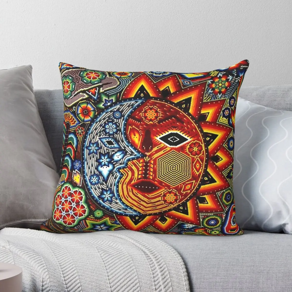 Sun Huichol Mexican Pillowcase Polyester Linen Velvet Pattern Zip Decor Throw Pillow Case Sofa Cushion Cover Wholesale