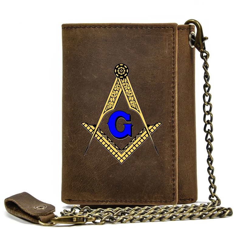 Luxury Men Genuine Leather Wallet With Iron Chain Masonic Symbol Printing Card Holder Short Purse Key Bag BT064