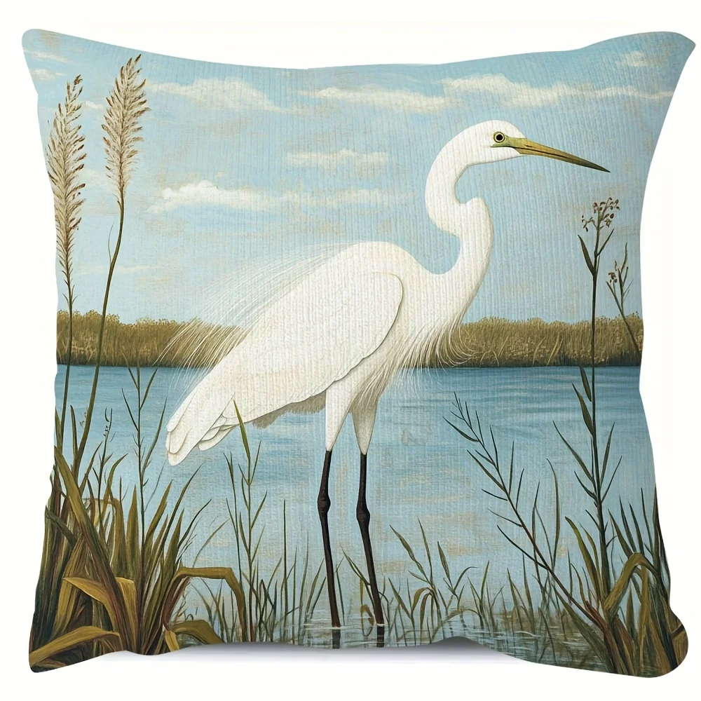 Realistic Great Blue Heron Pond Scene Throw Pillow Cover Coastal Nature Artwork for Living Room Decor