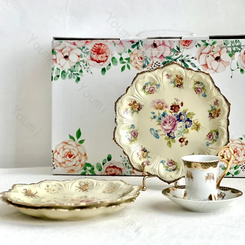 Vintage French Style Dining Plate Colorful Flower Ceramic Plates Elegant Afternoon Tea Dessert Flat Dishes Household Tableware