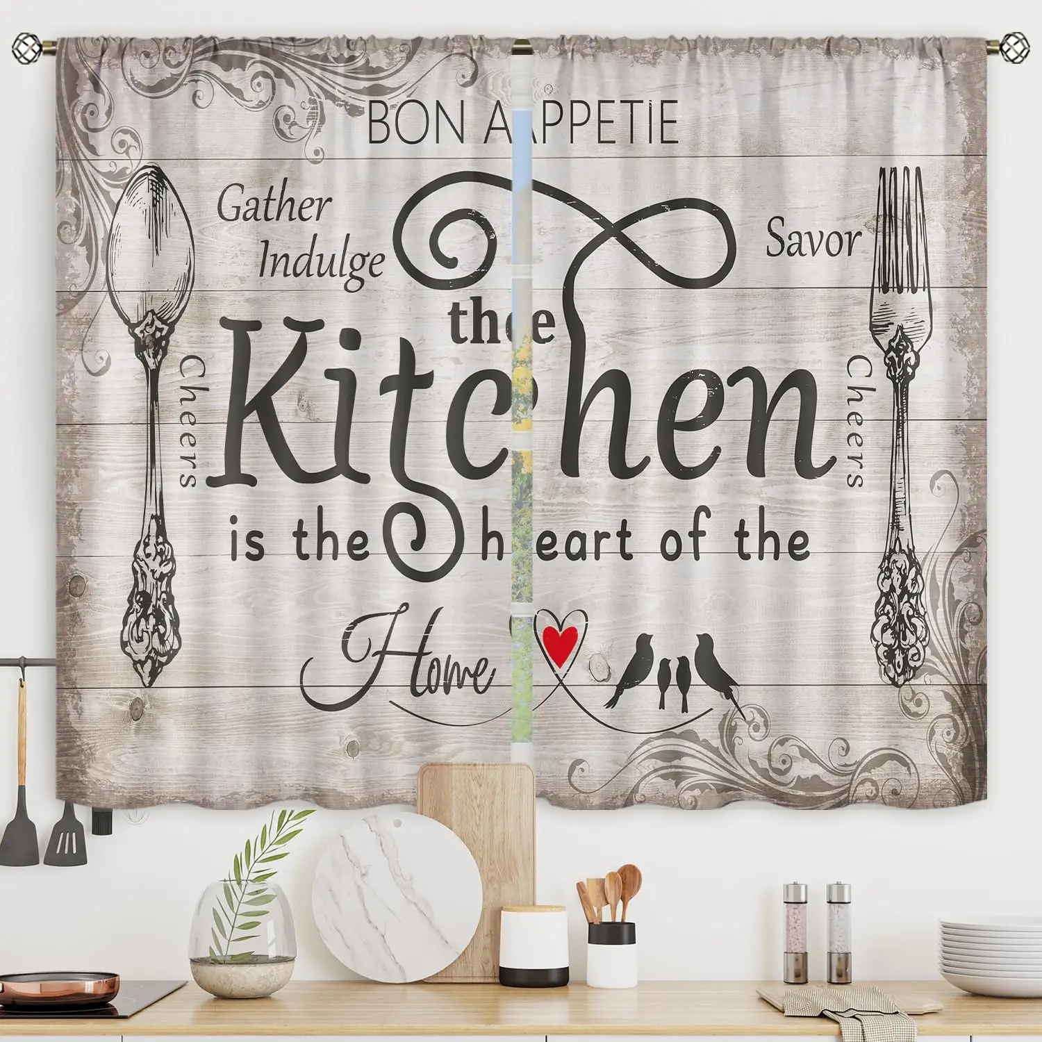 

Farmhouse Kitchen Curtain Country Rustic Vintage Wood Fork and Spoon Wooden Board Funny Quotes Bedroom Living Room Treatment