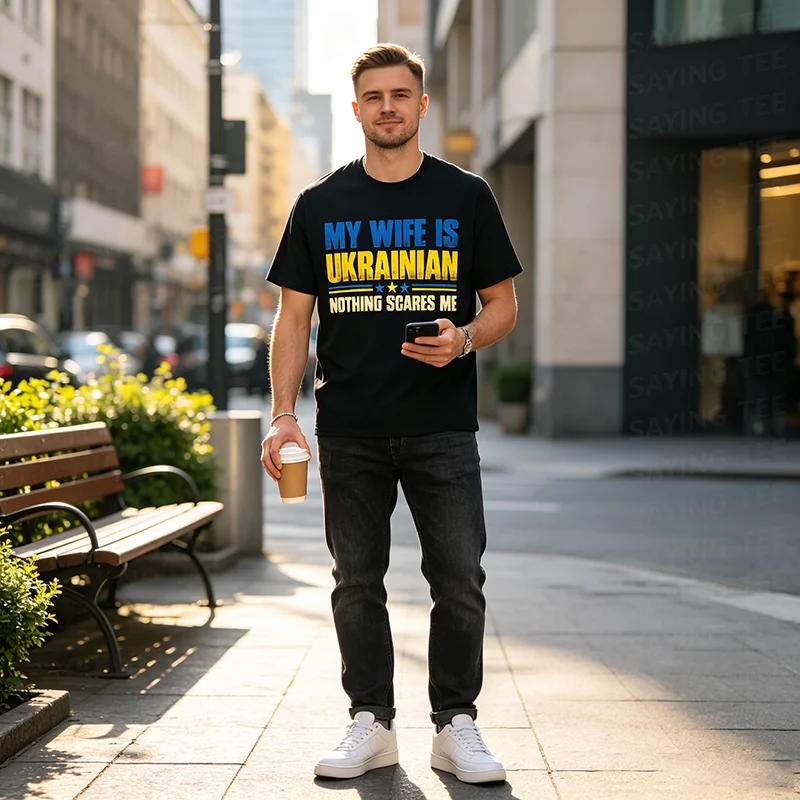 T-Shirt mit Aufdruck „Meine Frau ist Ukrainerin – Nichts macht mir Angst“ – Ukraina-Stolz-Flagge Y2K-Buchstaben Grafik-Slogan-T-Shirt – Herrenmode-Kleidung – Detail 5