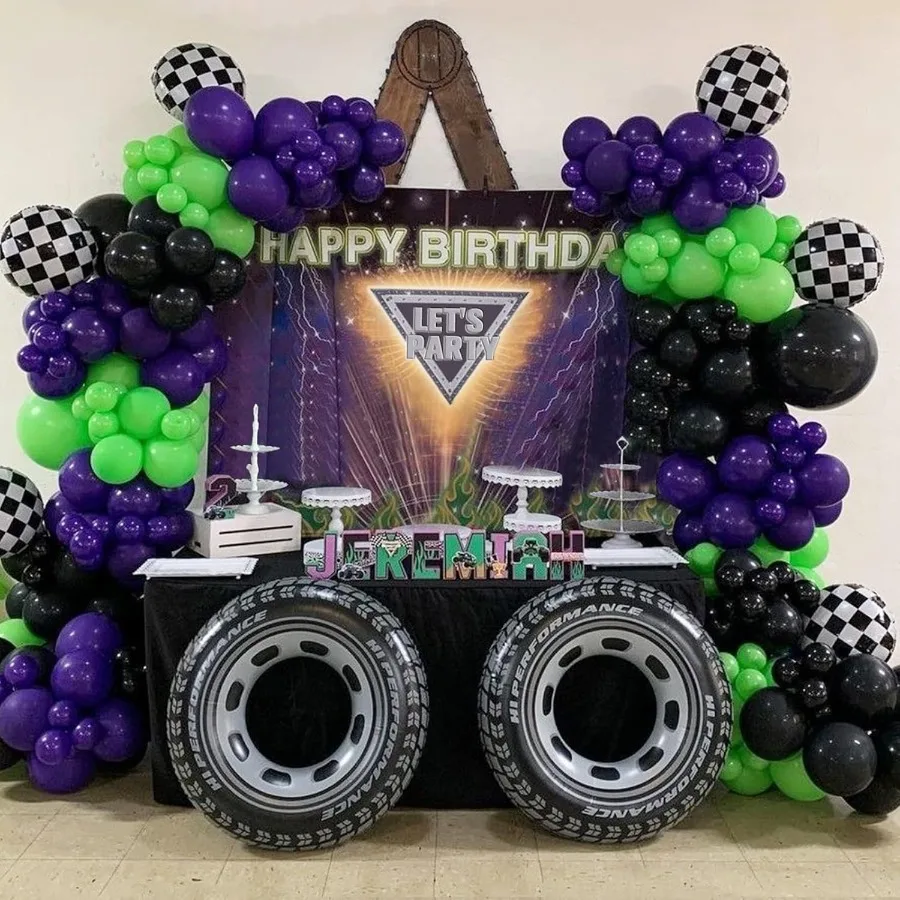 145Pcs Monster Truck Theme Purple and Green Black Balloon Garland Arch Kit with Big Wheels Checkered Foil Balloons for Truck Ra