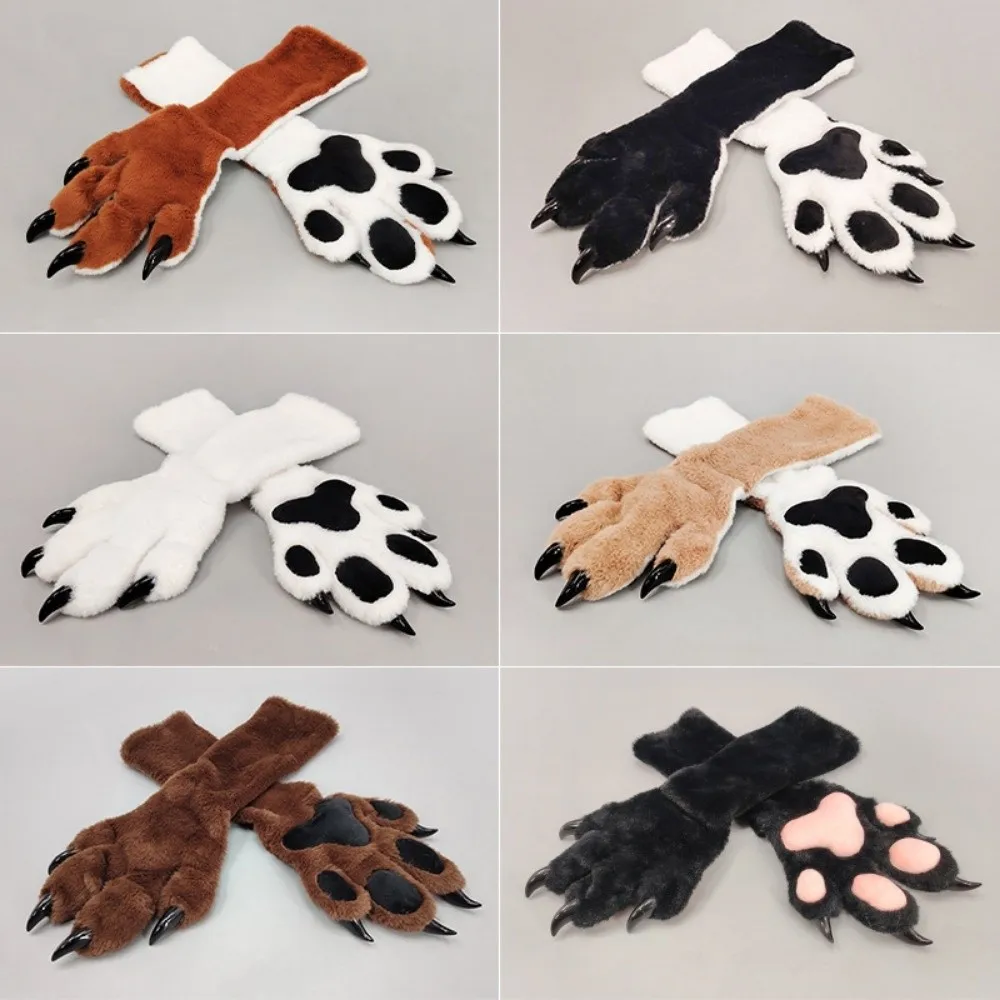 New Faux Fur Animal Fursuit Paw Gloves with Nails Pads Animal Claw Mittens Thicken Cartoon Furry Glove Props