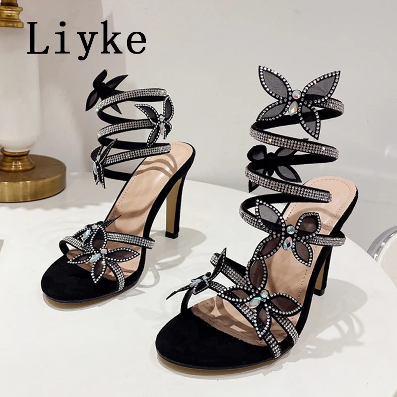 Liyke Brand Fashion Crystal Butterfly Women Sandals Black Silver Open Toe Rhinestone High Heels Wedding Banquet Shoes Sandalias