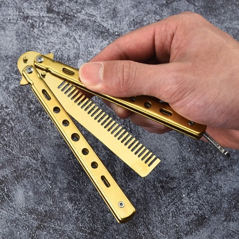 New Stainless Steel Butterfly Knife Comb Foldable Dual Function Beard Comb with Buckle Solid Color Hairdressing Comb Photo Props