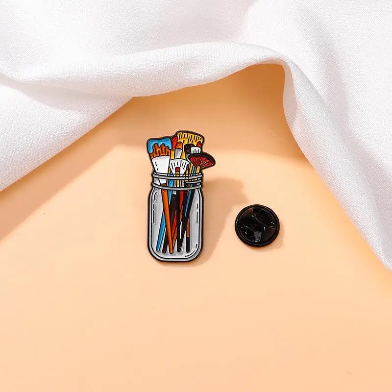 1 Pc Enamel Paint Brush Pin | UV Screen Printed Artist Brooch | Clear Jar Packaged (Artist/Makeup Supplies)