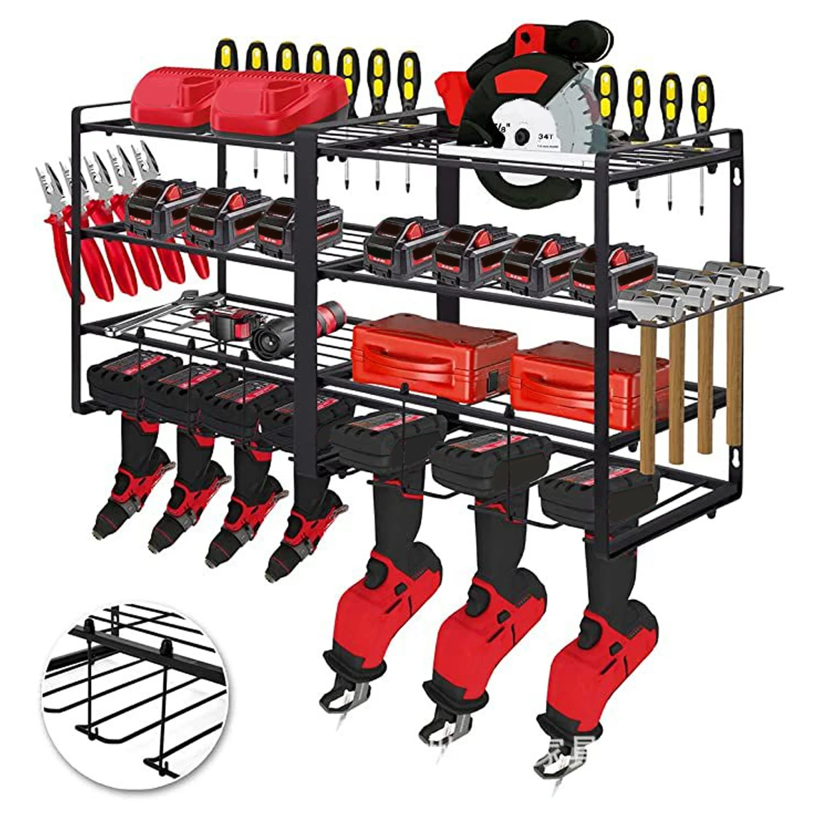 Organizador de herramientas eléctricas, soporte de pared, estante de almacenamiento de garaje de 4 capas para taladro, destornillador, organizador de herramientas de garaje, estante de almacenamiento de herramientas eléctricas