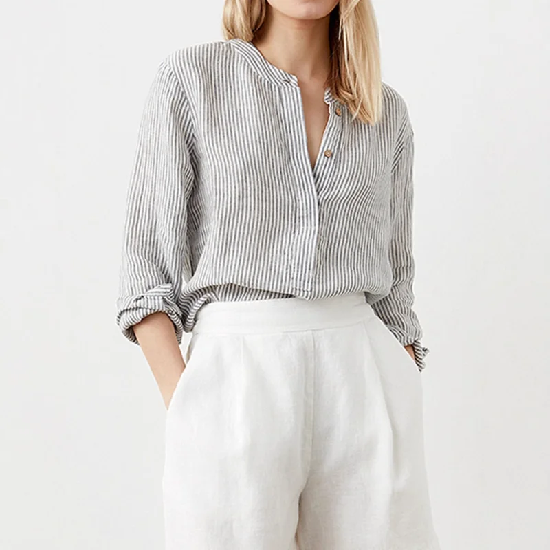 

Женская повседневная рубашка из хлопка и льна в полуоткрытую полоску с длинными рукавами и воротником-стойкой