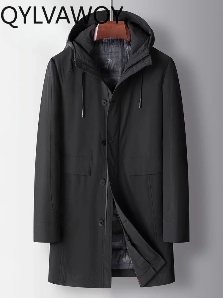 QYLVAWOY 100% Polyester Men's Season High-End Mid-Long Casual Down Jacket Middle-Aged Warm Outerwear Hooded Trench Coat LJ2073