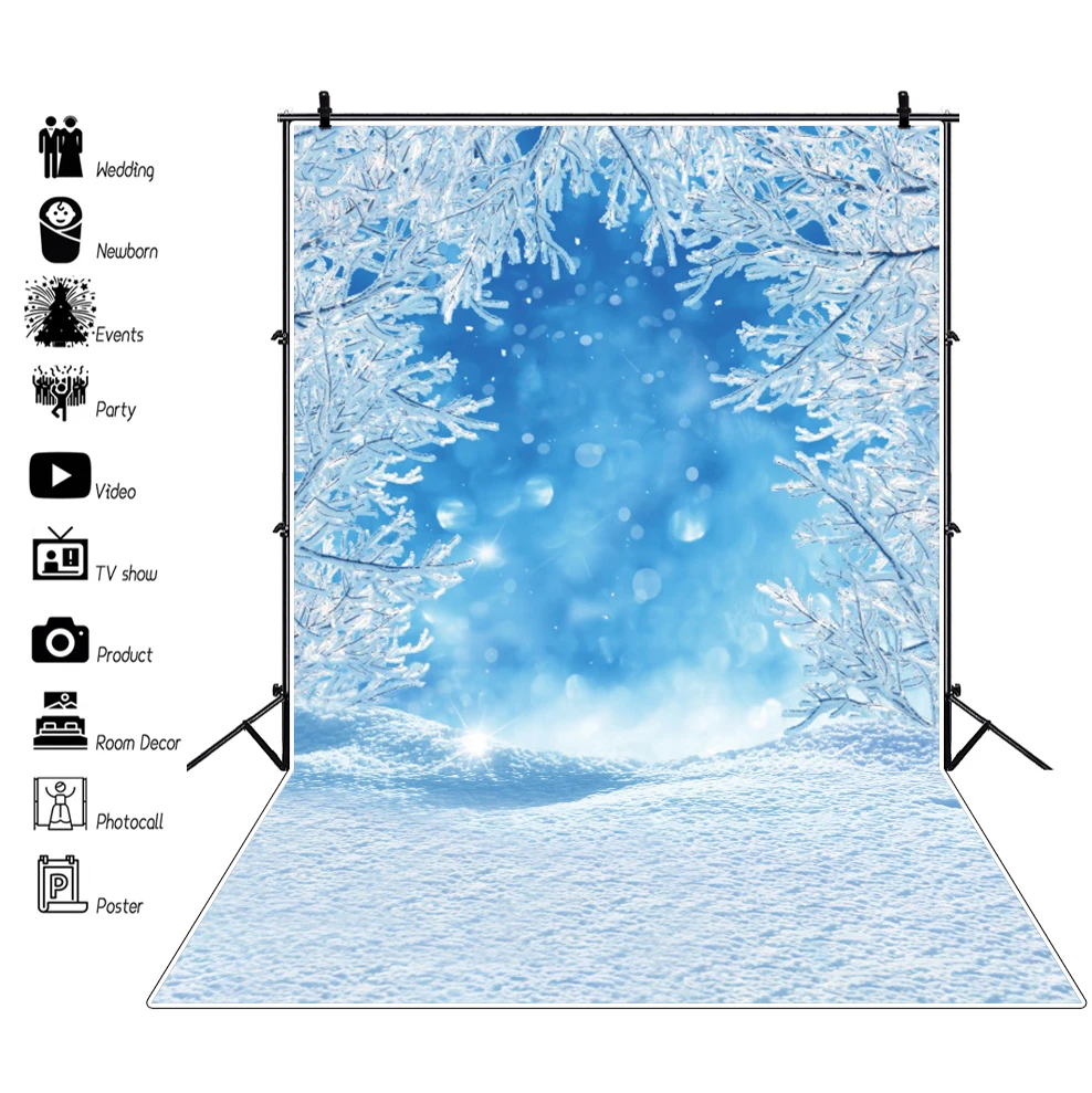 Christmas Winter Snow Scenery Photography Backdrop Glitter Snowflake Forest Xmas Tree Wood Floor Baby Portrait Photo Background