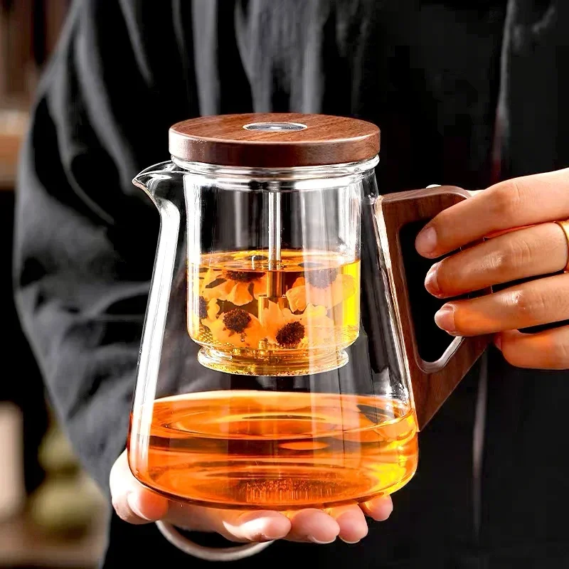 One Click Tea Separation Filtration Glass Teapots With Wood Handle Tea Water Separation Inner Container Tea Pot