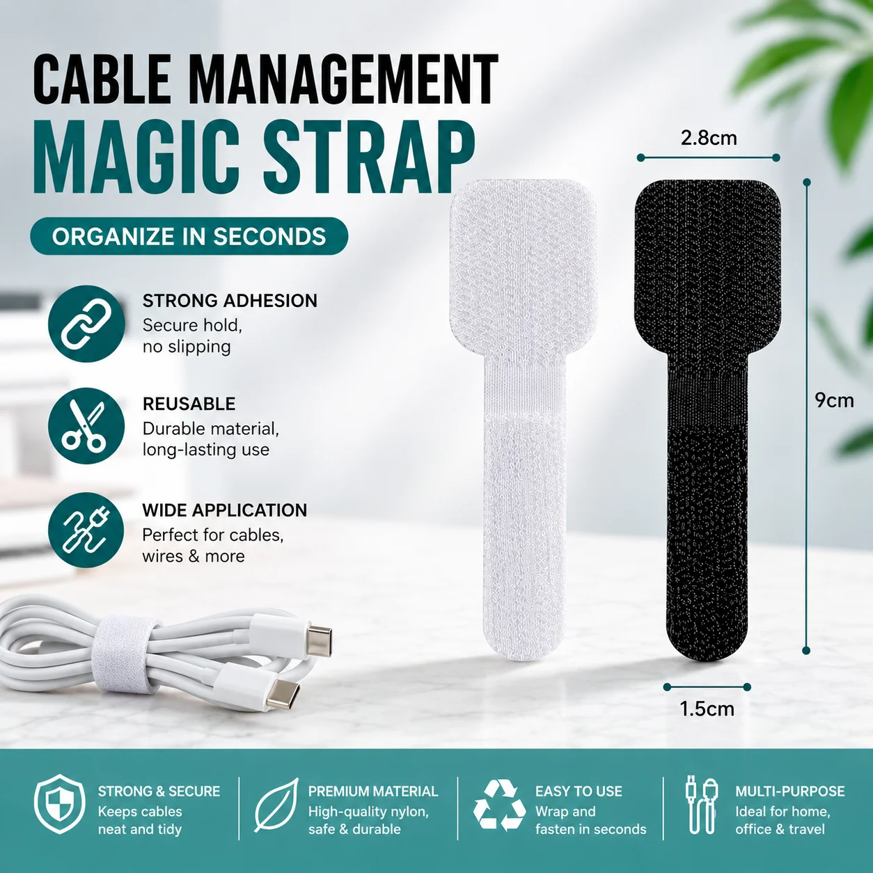 10PCS Hook-and-loop Fastener Cable Organizers With Adhesive Straps Power Cord Storage