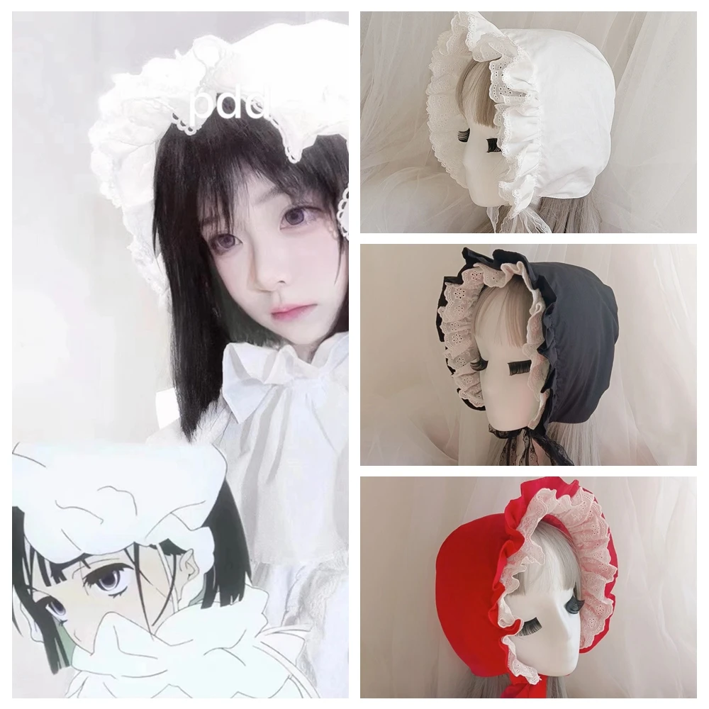 Lolita Ruffled Bonnet Hat Girl Vintage Ruffles Maid Sua Cosplay Costume  Accessories Lace Bow Hat For Women Gift Pumpkin Cap