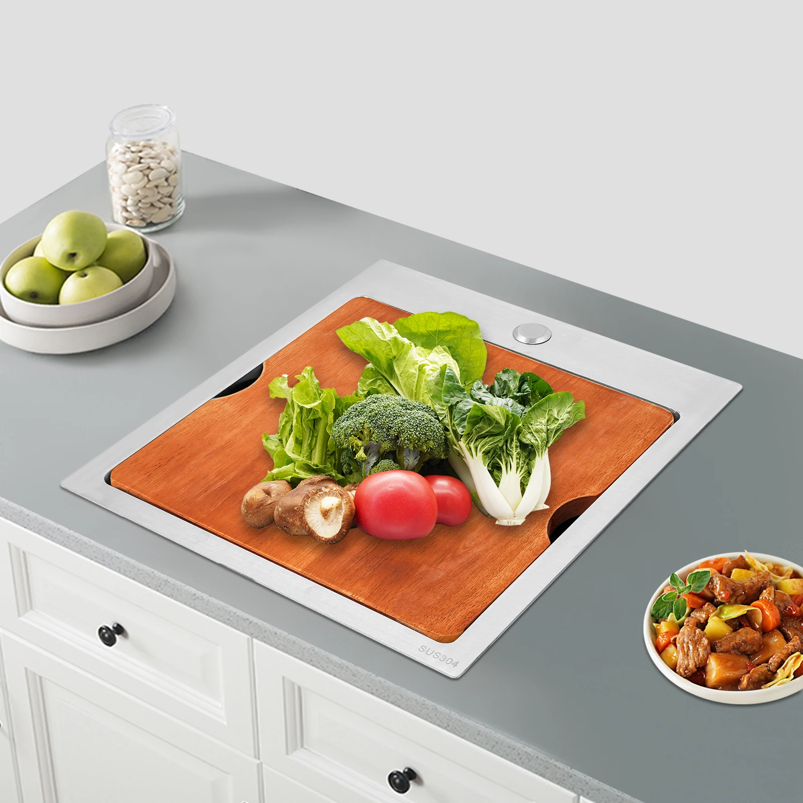 

Enlarged and Deepened Design 17*19in Stainless Steel Invisible Kitchen Sink with a 15*15in Cutting Board and Bottom Rinse Grid