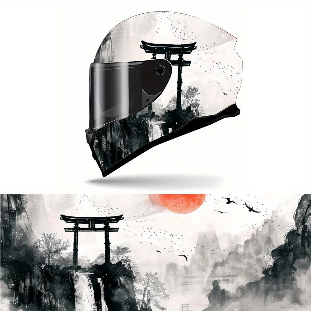 

Oriental Art Flying Birds Red Sun PVC Motorcycle Helmet Vinyl Wrap, Self-Adhesive Waterproof Sticker, Anti-Scratch Decorative Fi