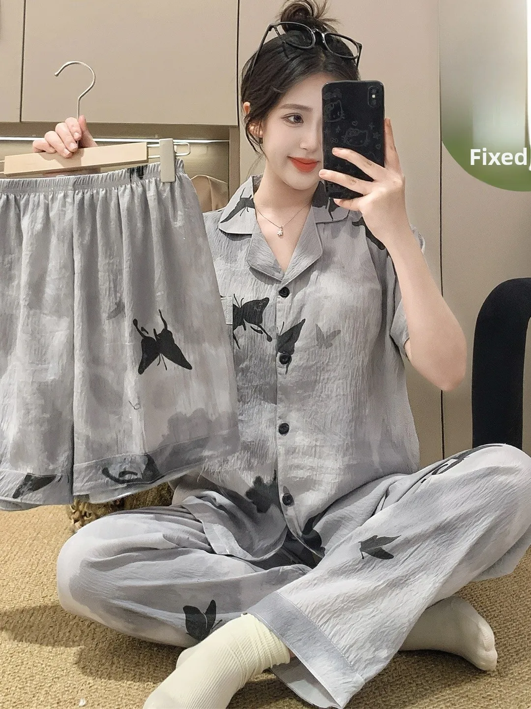 

Women's Summer Sleepwear Set Short Sleeve Cloud Cotton Home Clothes with Chest Pad Long Pants Sweet Cute Style Thin Fabric
