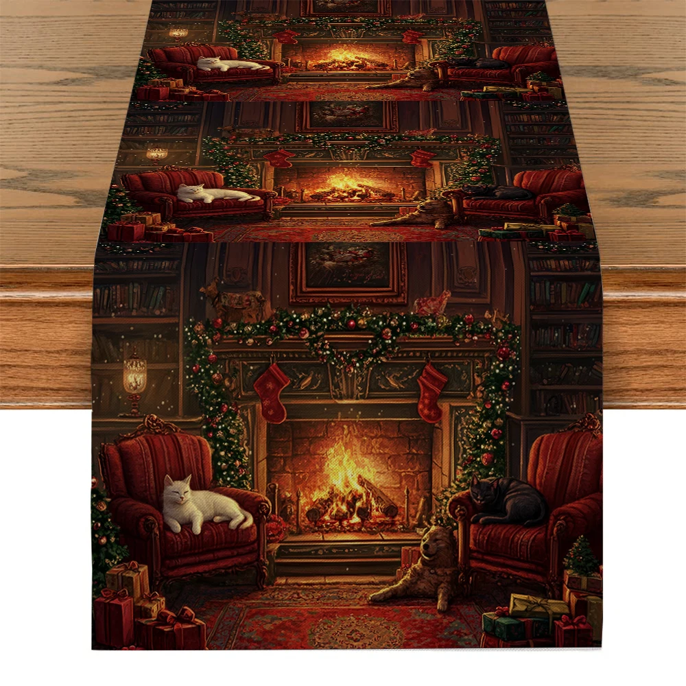 Christmas Cat Fireplace Bow for Table Runners Dresser Decor for Kitchen Holiday Party Table Runner Washable Dining Long Cloth