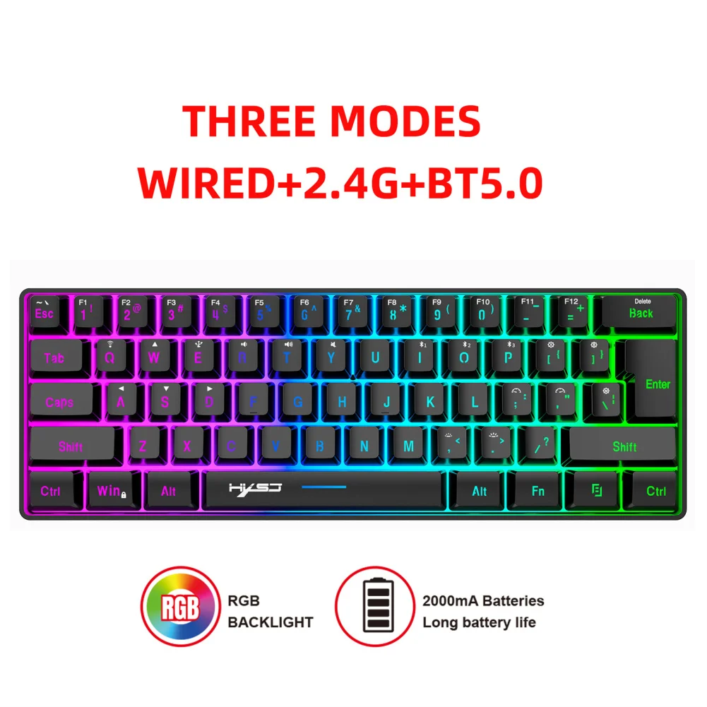 Teclado para juegos con cable/inalámbrico L500, 61 teclas con retroiluminación RGB dinámica para PC y portátil teclado inalámbrico