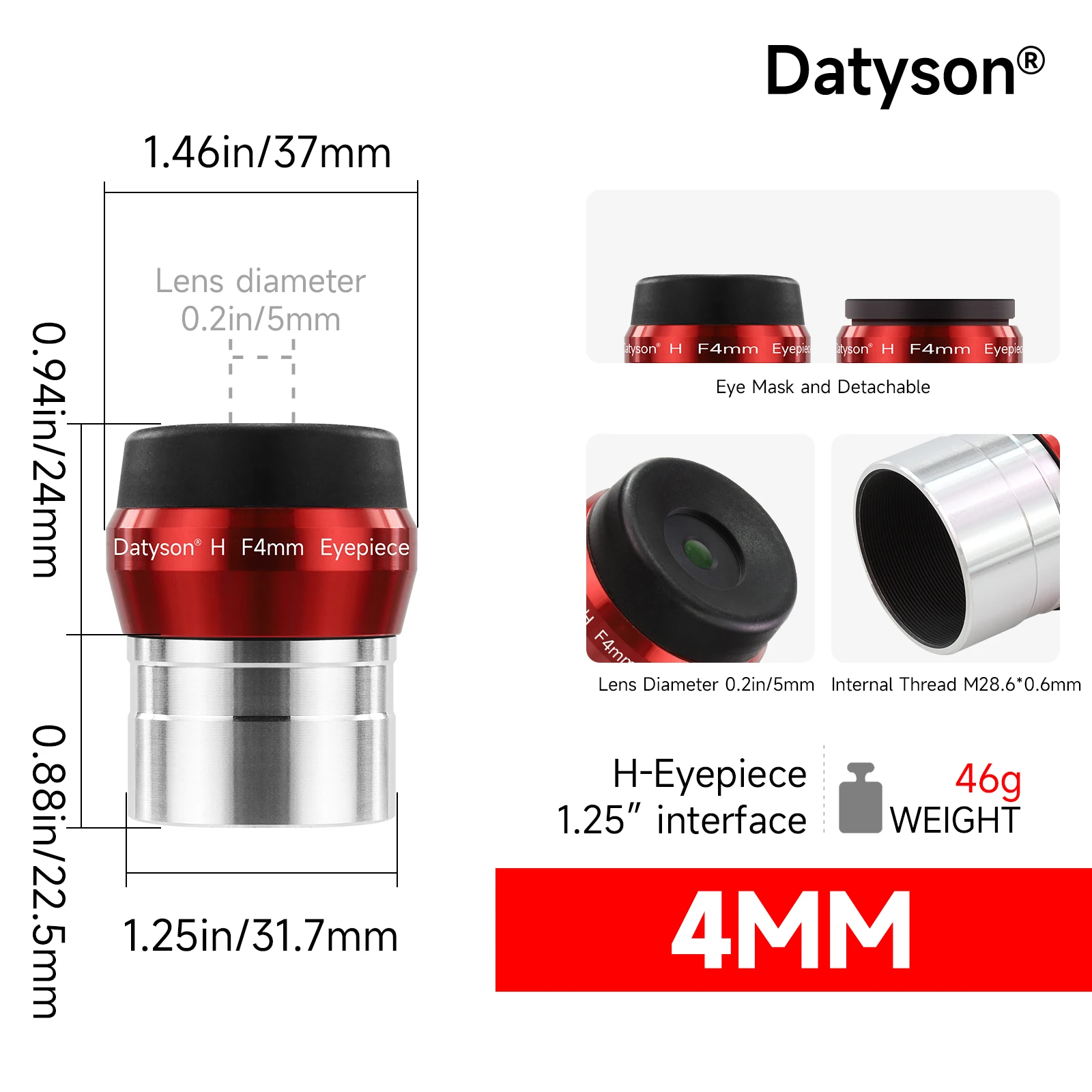Datyson 1.25' telescoopoculair 4 mm 10 mm 16 mm 20 mm optioneel - FMC gecoate Huygens-oculairs voor planetaire en diepe hemelobservatie