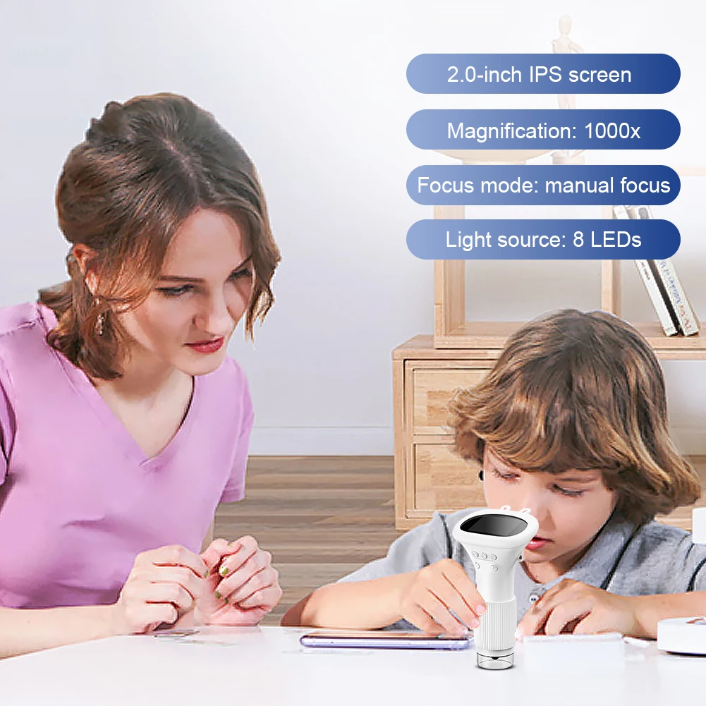 

2MP Portable Handheld Microscope 2.0" IPS Screen Rechargeable Digital Microscopes 1080P 1000X Magnifier Camera Education Gifts