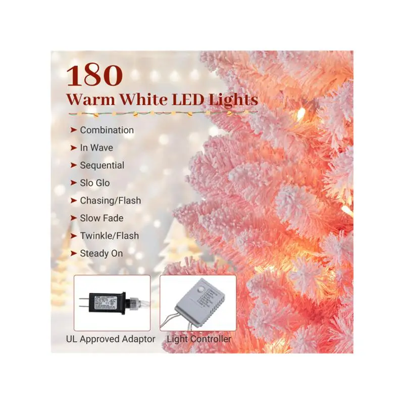 Розовая рождественская елка-карандаш длиной 7 футов с 527 наконечниками и 180 теплыми белыми светодиодами (8 режимов), огнестойкий материал ПВХ