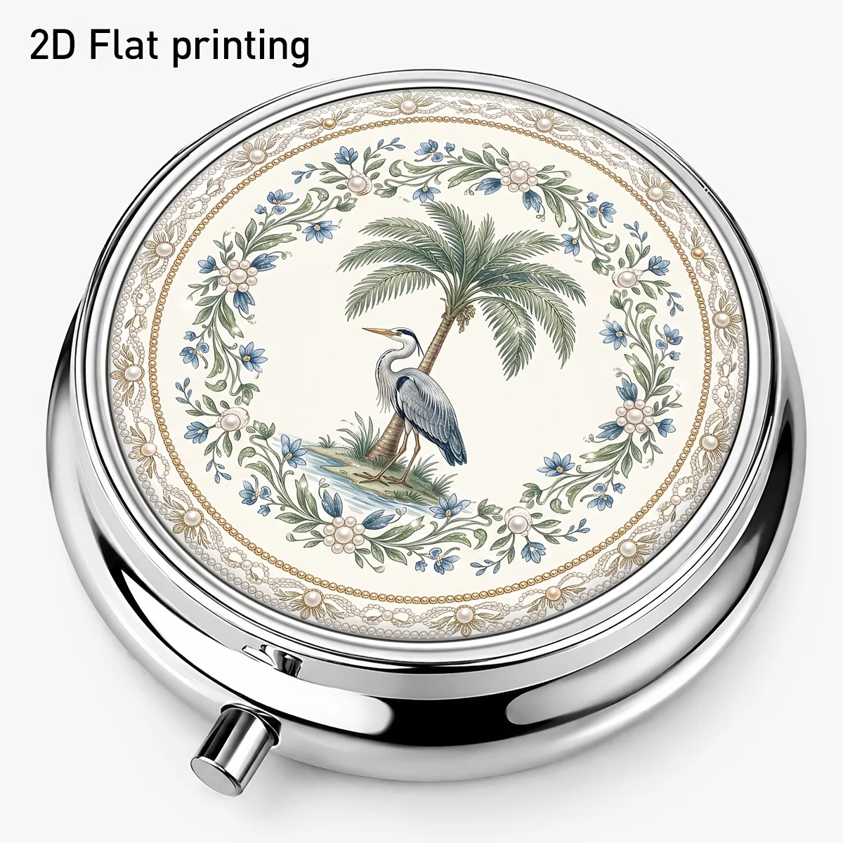 Single piece, flat-printed, round metal small box with a crane, bird, and wreath pattern, dreamy starry night style three-compartment portable storage box, partitioned design, for neat storage of daily pills and earrings