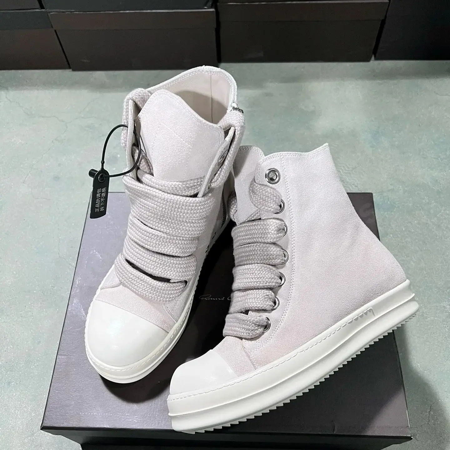 

Brand Shoe Ricks Sneaker Men Casual Shoes Owens Skateboard Boot Women High Top Suede Shoes Beige Zipper Jumbo Laces Sneakers