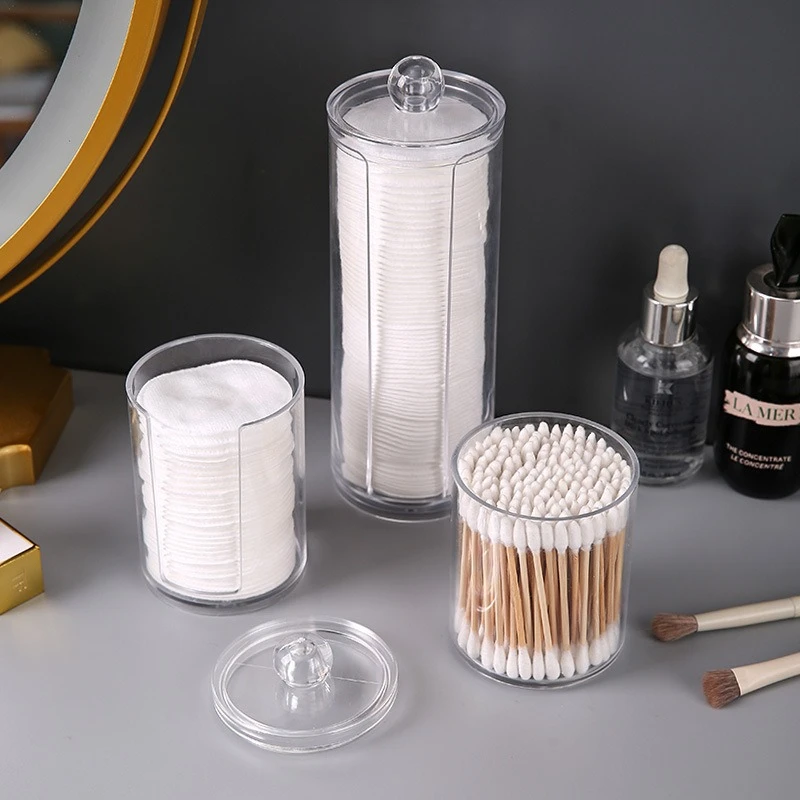 Acrylic Storage Box with Lid Qtip Holder Dispenser Clear Plastic Jar Makeup Organizer Bathroom Canister Storage Organization