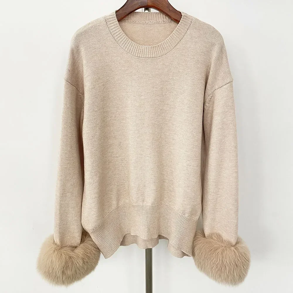 2024 Autumn Winter Knitted Sweaters with Detachable Natural Fox Fur Sleeves Women New Fashion Slim Fit Sweaters