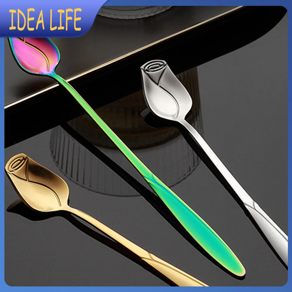 Long Handle Tea Spoon Rainbow Color Vingtage Rose Stirring Spoon For Picnic Stainless Steel Mixing Spoon Wedding Companion Gift