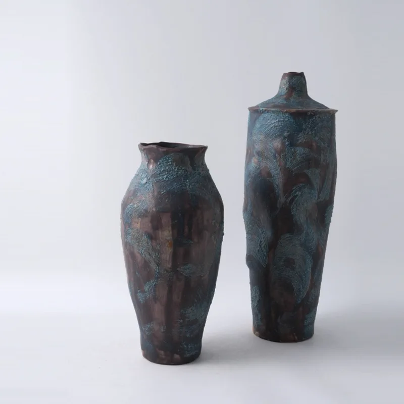 New Chinese retro handmade ceramic vase, wabi sandy wind hotel model room exhibition hall TV cabinet ornament soft flower device