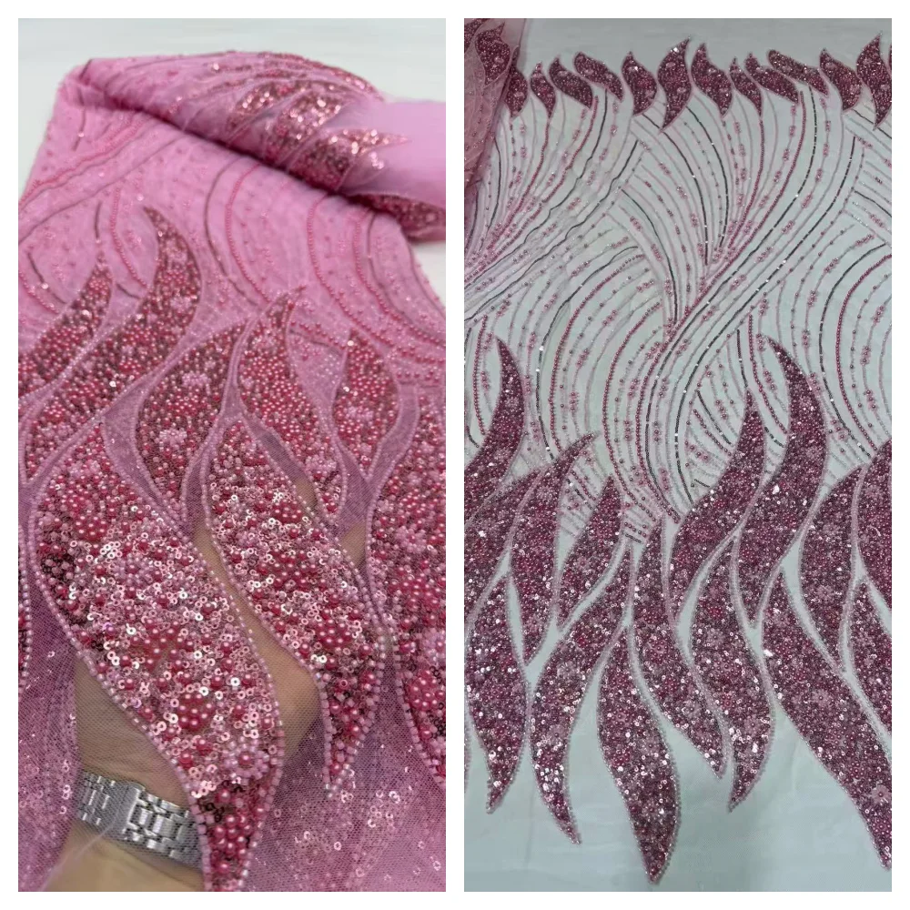

High Quality African Tulle Lace Fabric Handmade Beads Nigerian Sequin Laces Fabrics for Party