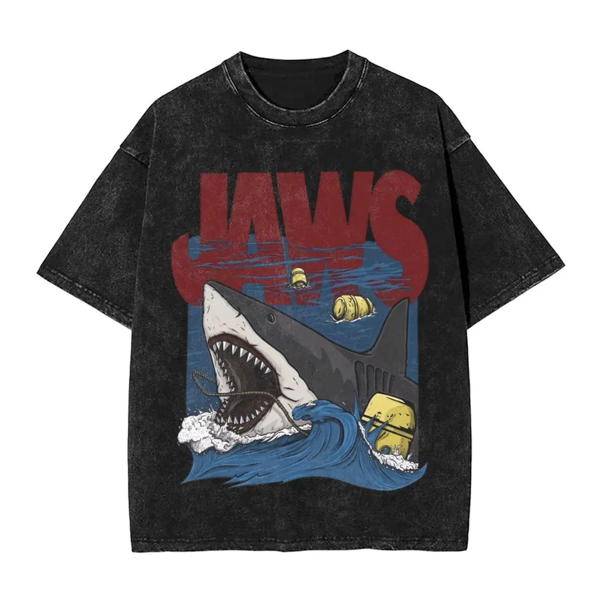 Jaws Edition Comic woman Men Washed Hot stamping Print T-Shirt,shark Harajuku Cotton Tshirt Men's Summer Short Sleeve Tees