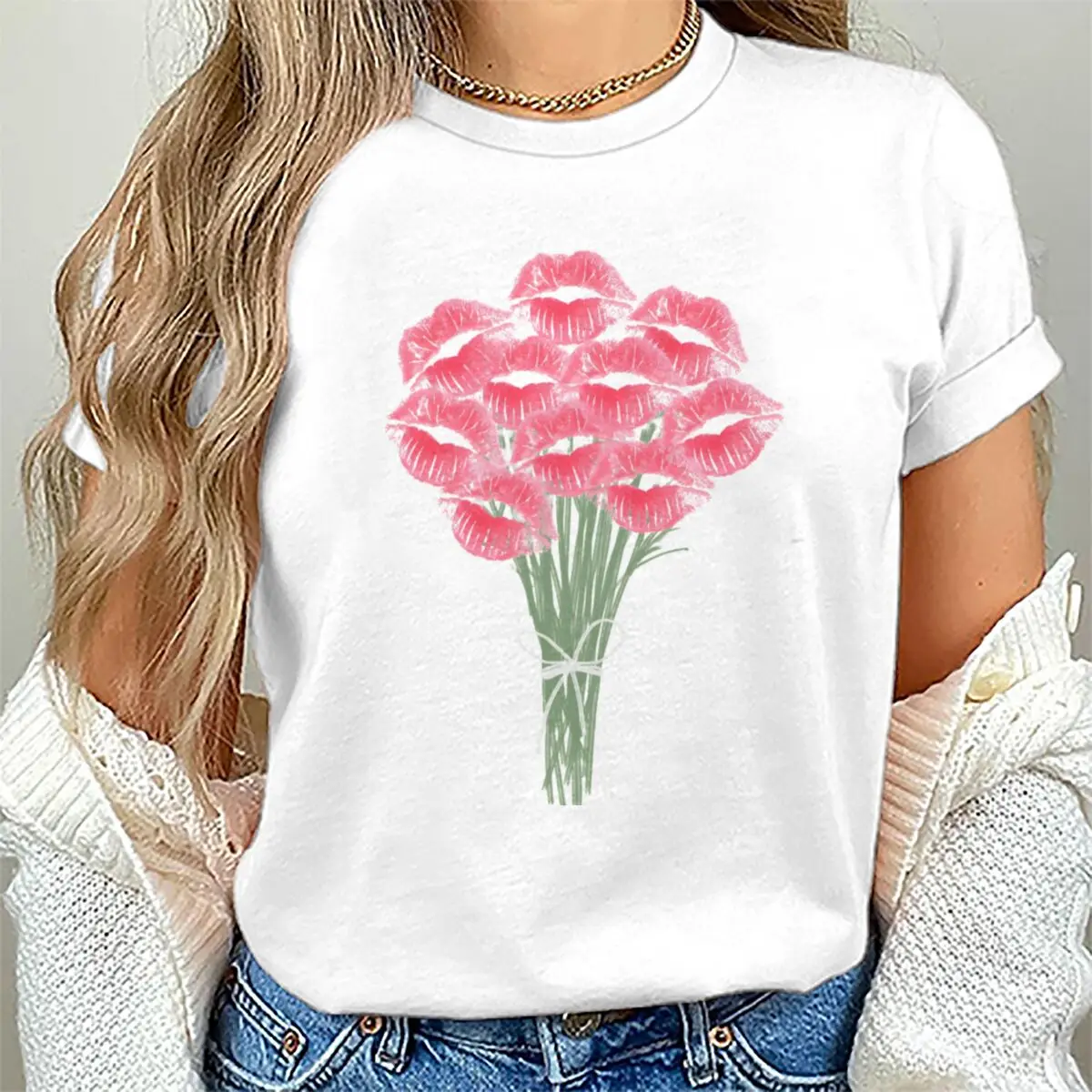 Pink Kisses Flower Bouquet Woman T-shirts Funny Lipstick Bouquet Design Printed Short Sleeve Crew Neck T Shirt Clothing