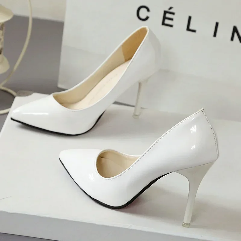 New Solid Color Pumps Women High Heel Shoes Female Fashion Patent Leather Sexy Pointed Toe Thin Heel Wedding Shoes Size 44