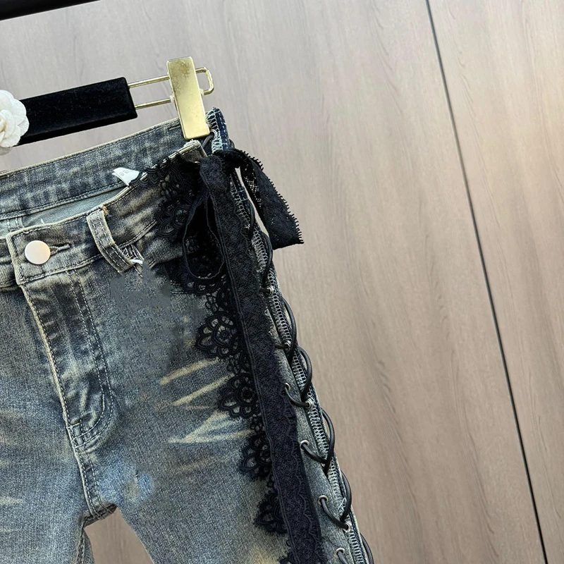 الدانتيل يصل مضيئة الجينز الرجعية غرزة الدانتيل شعيرات ضئيلة منخفضة الارتفاع سبليت Bootcut السراويل النساء جرس قيعان الشارع الشهير