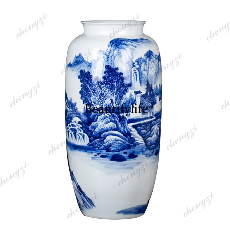 A68 Jingdezhen ceramic blue and white hand-painted vase decorative ornament for home living room entryway - large flower vase
